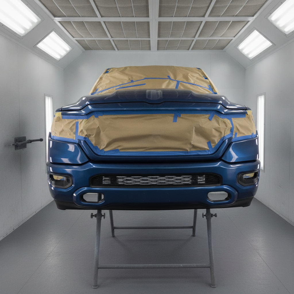 masked pickup bumper cover on a stand inside a clean automotive paint booth