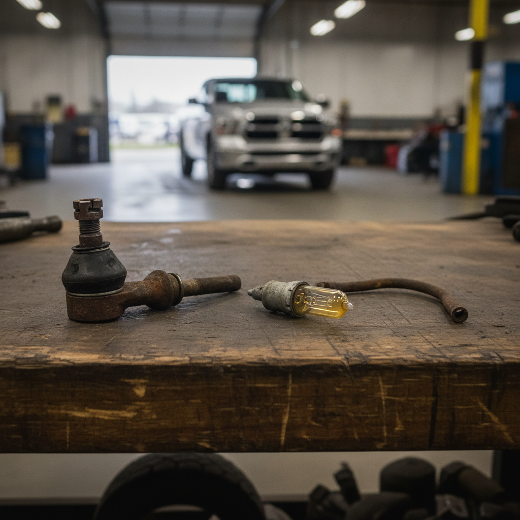 worn ball joint, tie rod end, headlamp bulb and rusted brake line on a shop workbench