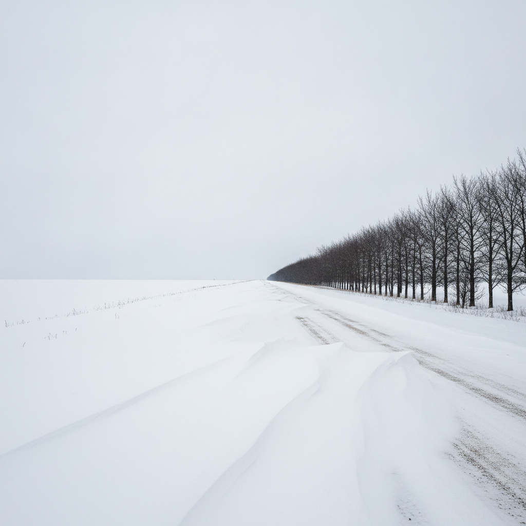 Drifted gravel grid road crossing snow covered Manitoba fields