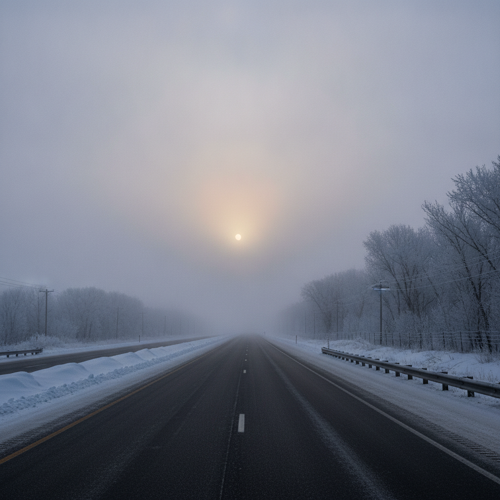 empty Trans-Canada Highway in Manitoba under ice fog at minus 30