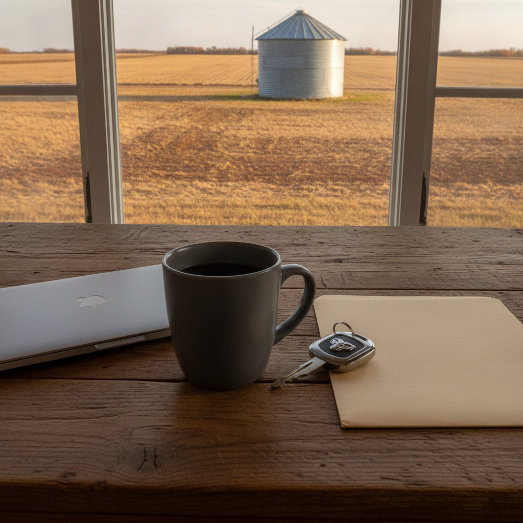 farmhouse kitchen table with truck keys, coffee and a folder before a used truck purchase