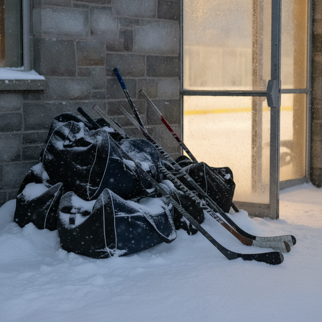 hockey bags and sticks stacked in the snow beside an arena door at dusk