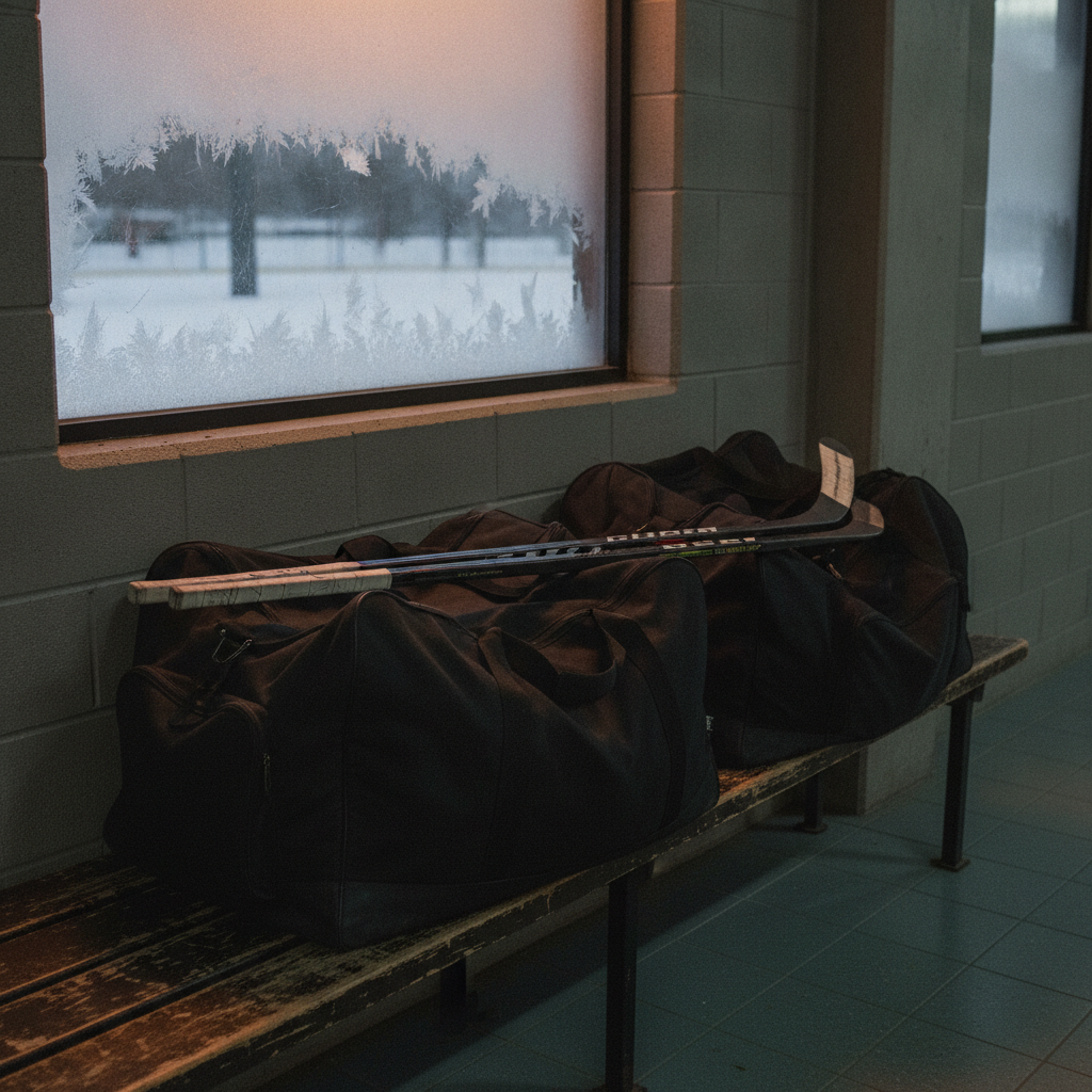 hockey equipment bags and sticks on a wooden bench in a rink hallway