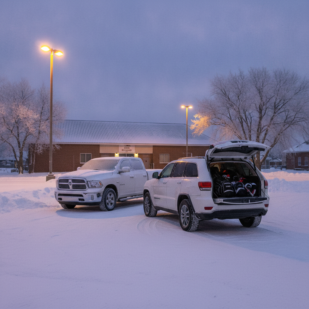 Jeep Grand Cherokee with hockey bags in a snowy Manitoba arena parking lot before sunrise