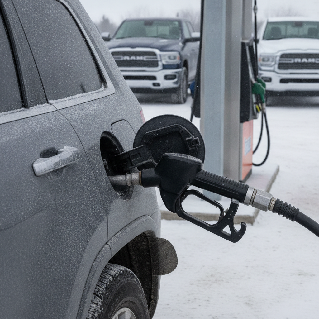 Jeep Grand Cherokee refuelling at a snowy rural Manitoba gas station