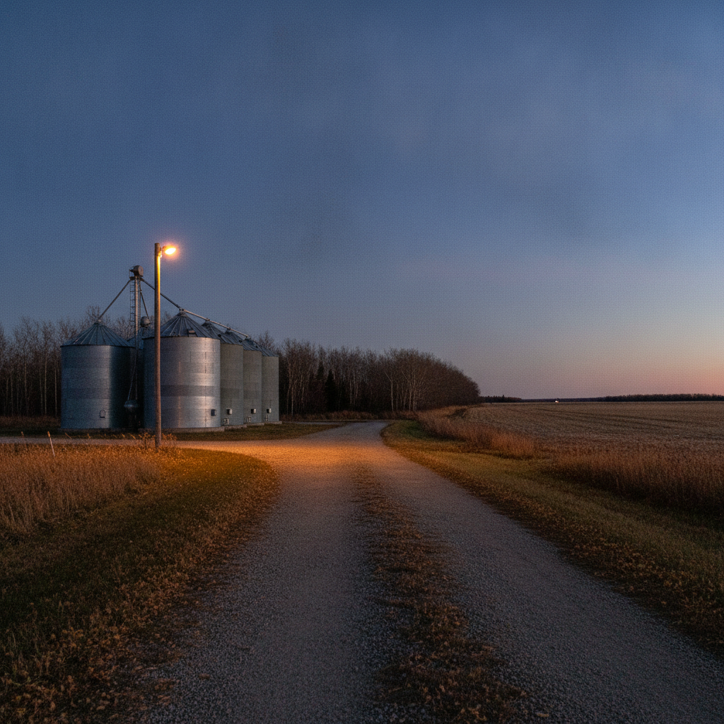 gravel farmyard lane leading to grain bins at dusk in rural Manitoba