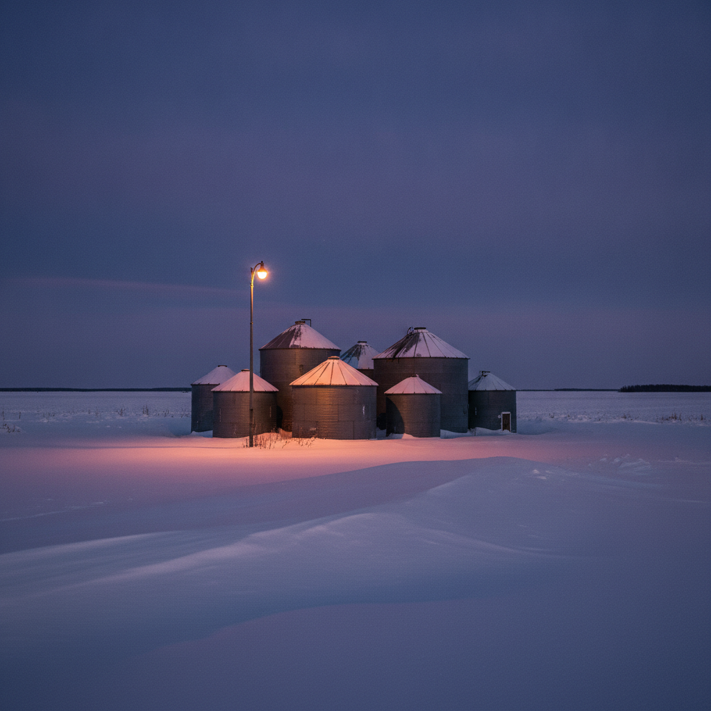 Manitoba farmyard with grain bins and snow drifts at dusk in winter