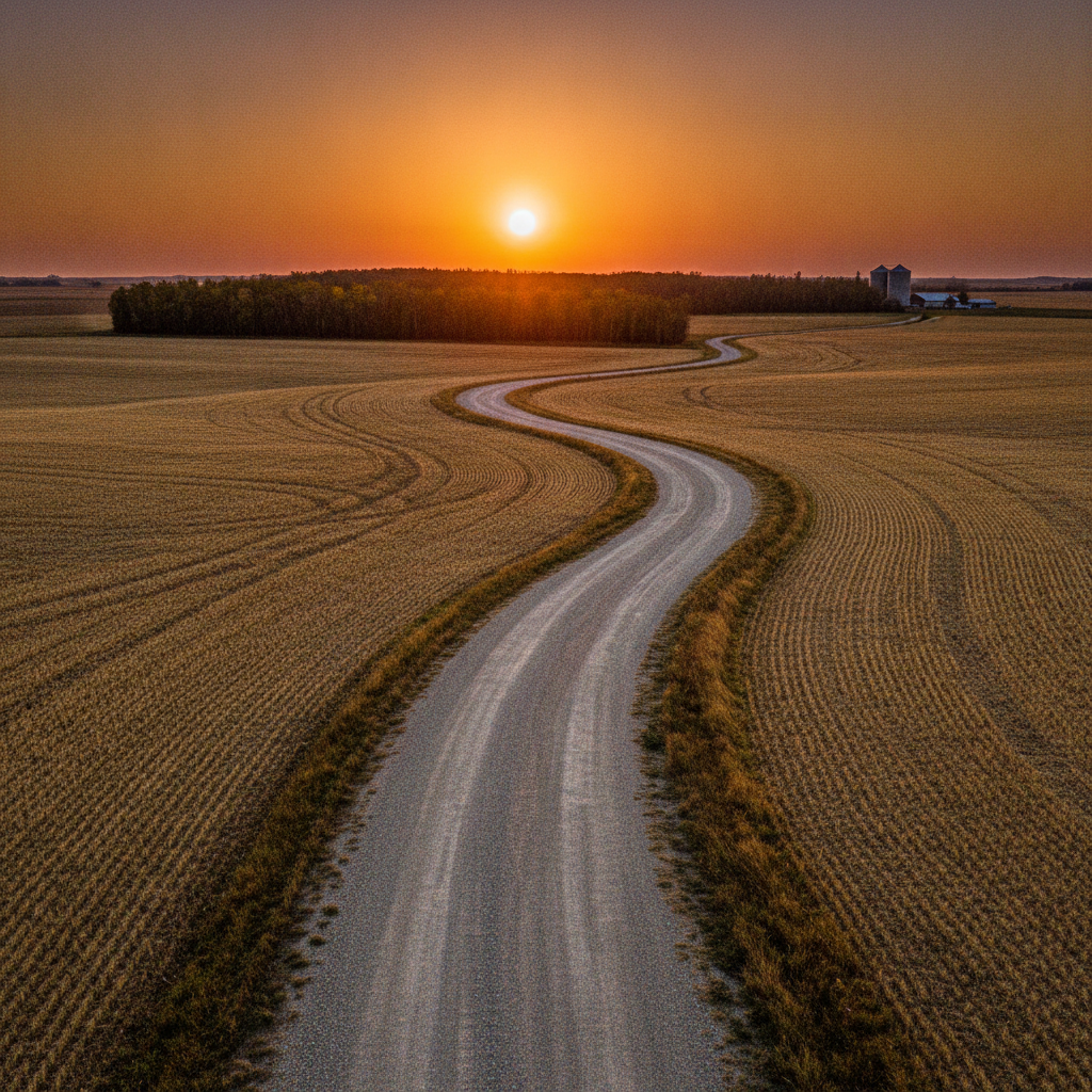 Manitoba gravel grid road between stubble fields at sunset