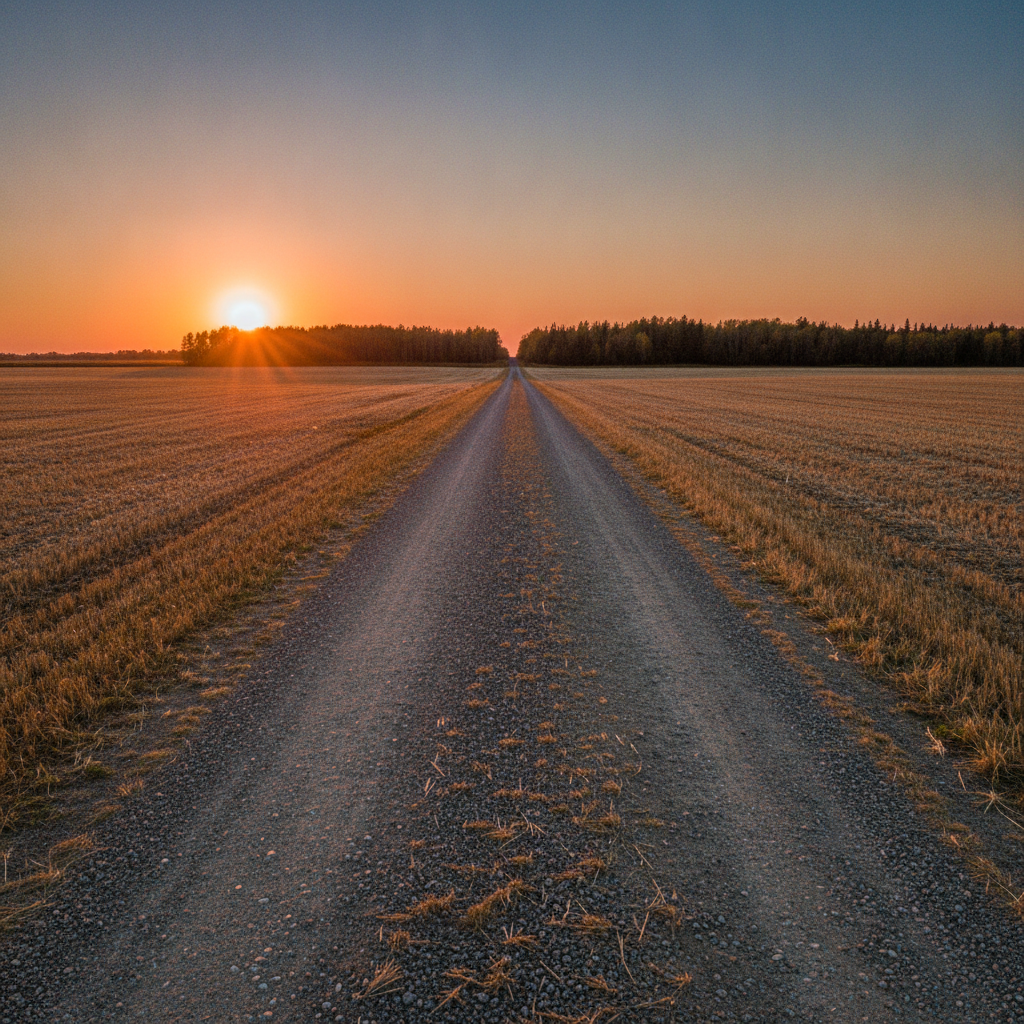 gravel grid road between harvested Manitoba fields at sunset in late autumn