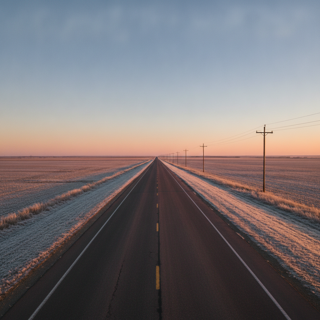 prairie highway at sunrise between frosty Manitoba fields in late autumn