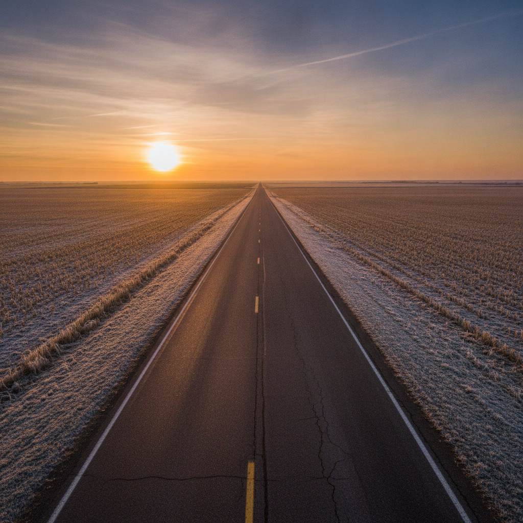 prairie highway at sunrise between frosty Manitoba fields in late autumn