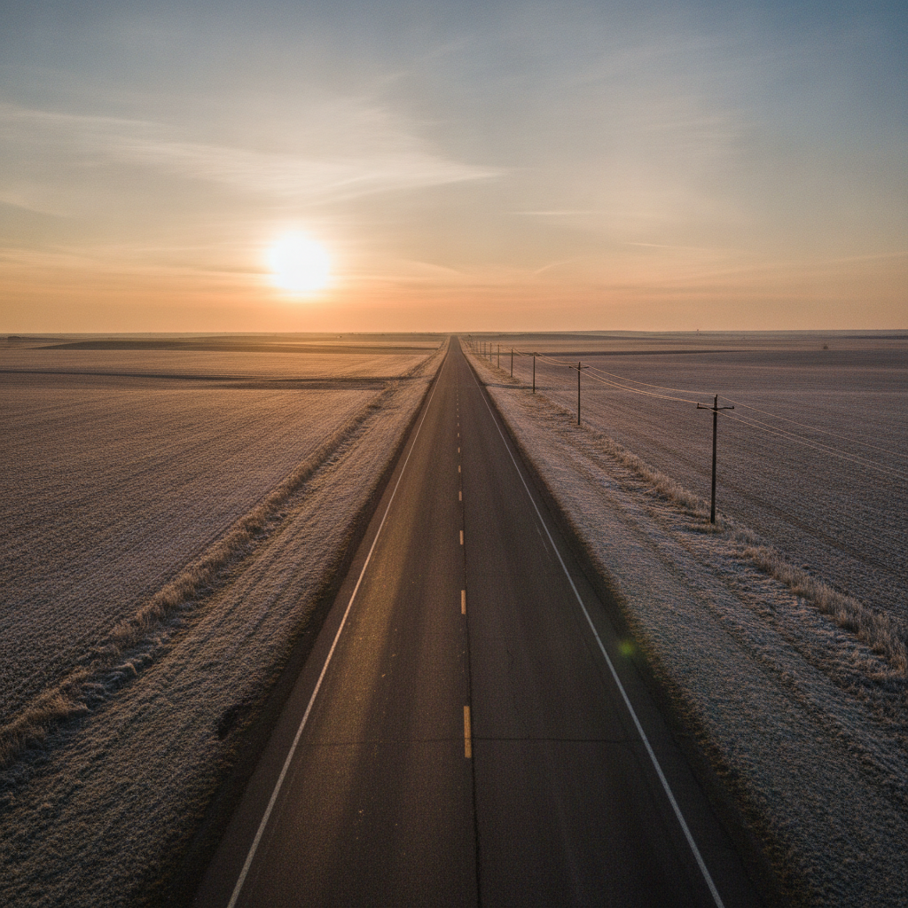 prairie highway at sunrise between frosty Manitoba fields in late autumn