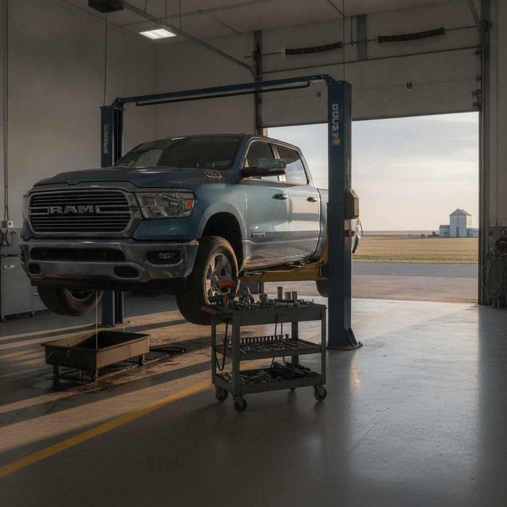 pickup raised on a hoist in a bright service bay with the prairie beyond the open door