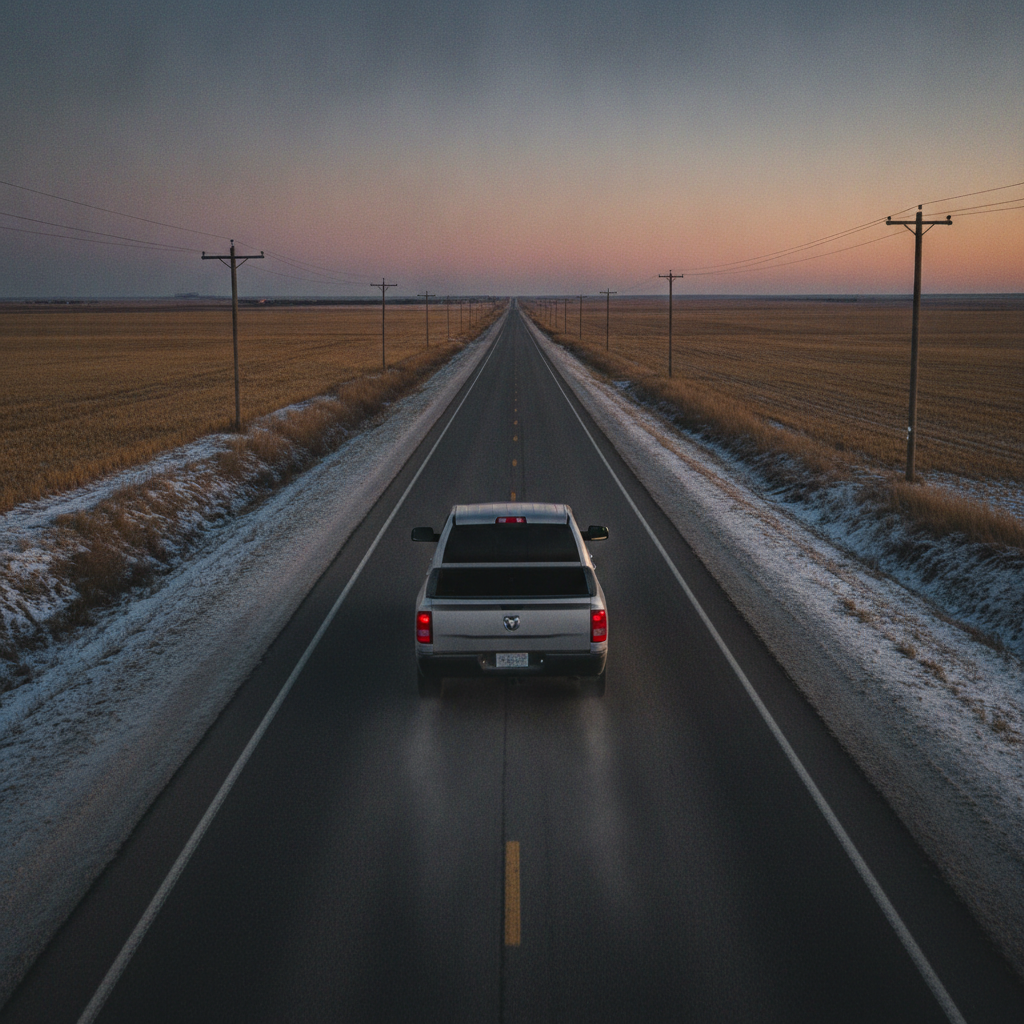 pickup on a straight Manitoba prairie highway at dusk in late autumn