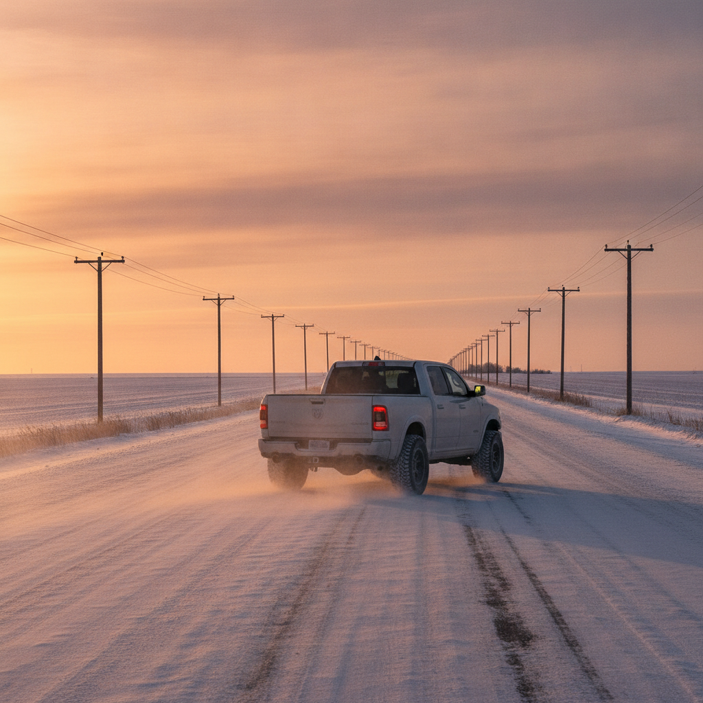 pickup on a snow packed Manitoba highway at golden hour in early winter