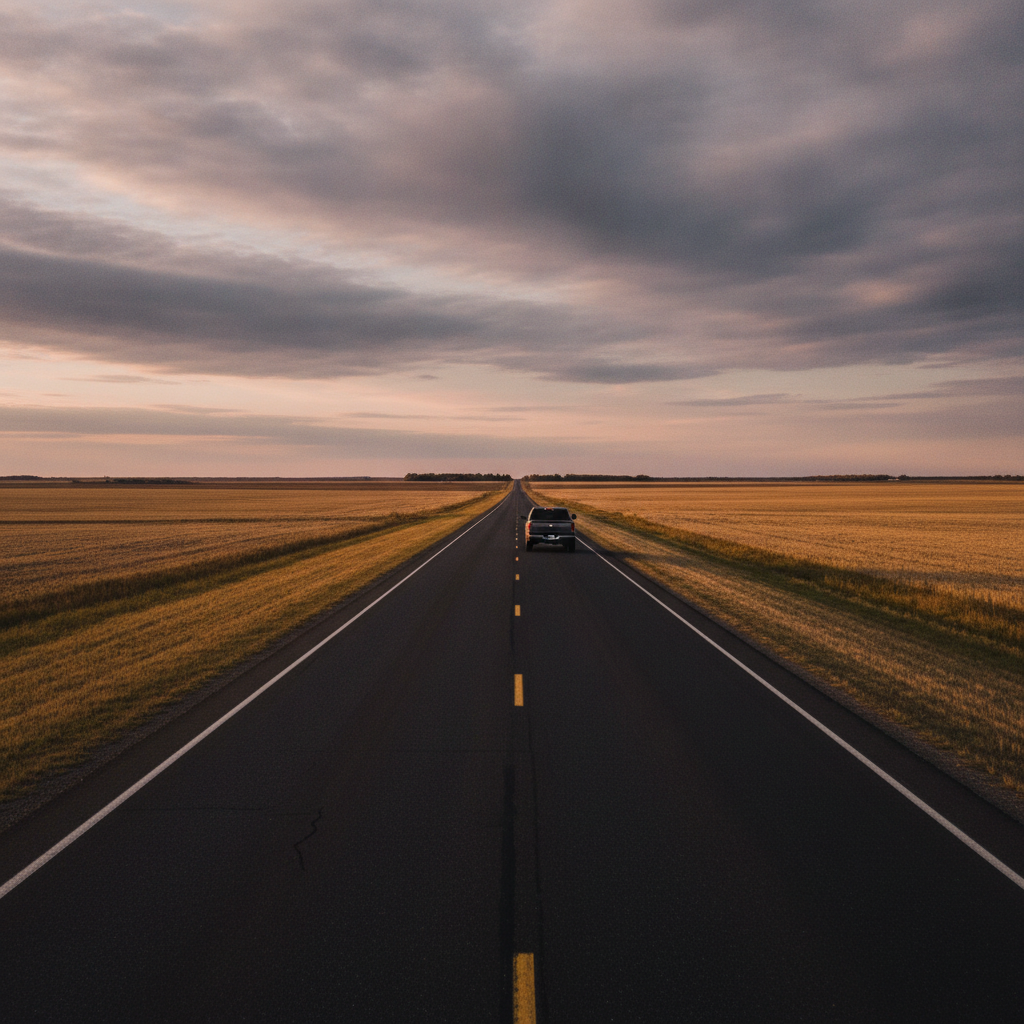 prairie highway running to the horizon past harvested Manitoba fields in late fall