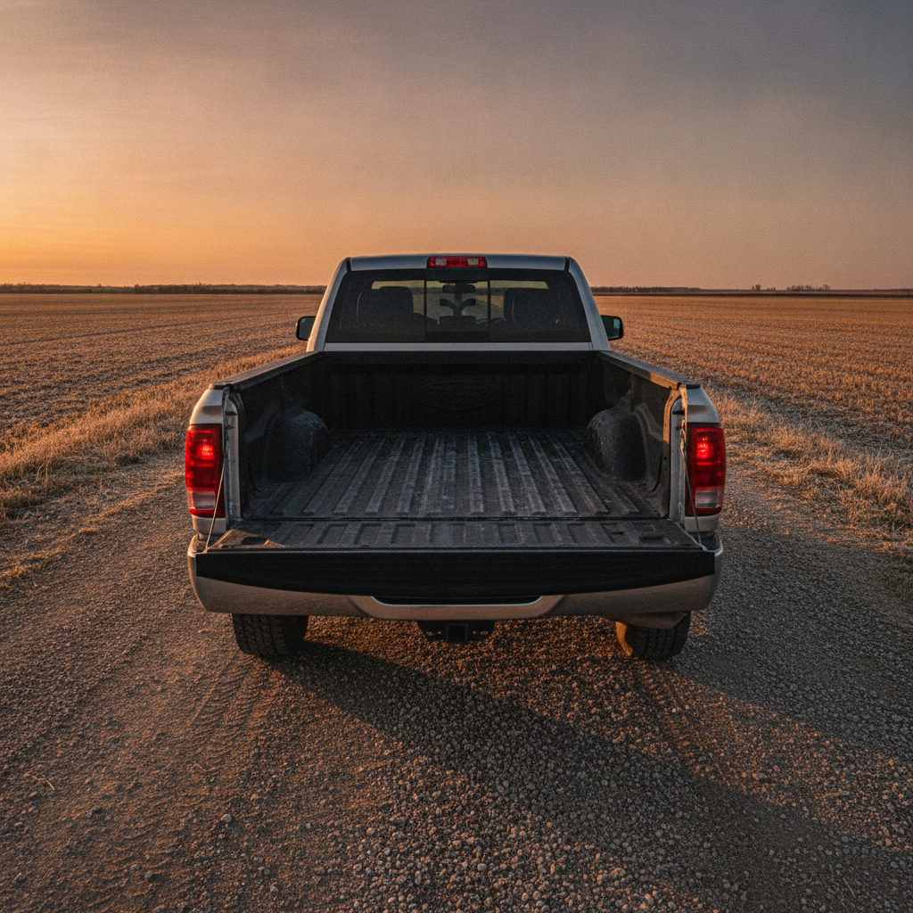 Ram 2500 with a lined box parked on a gravel road beside a harvested Manitoba field