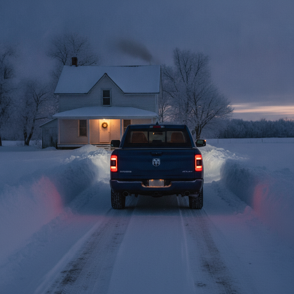 pickup backing out of a snowy rural driveway before sunrise with a clear rear window