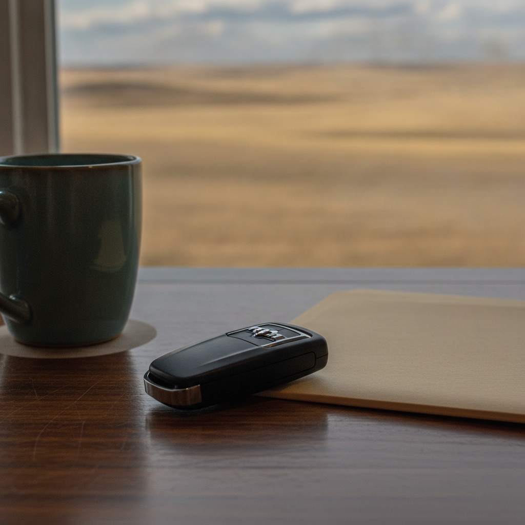 truck key fob on a wooden desk beside a coffee mug