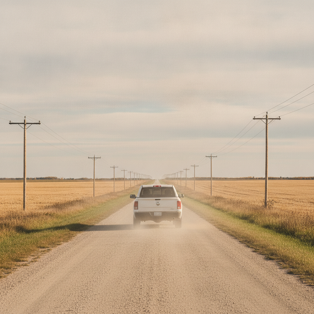 pickup on a road test along a Manitoba gravel grid road between stubble fields