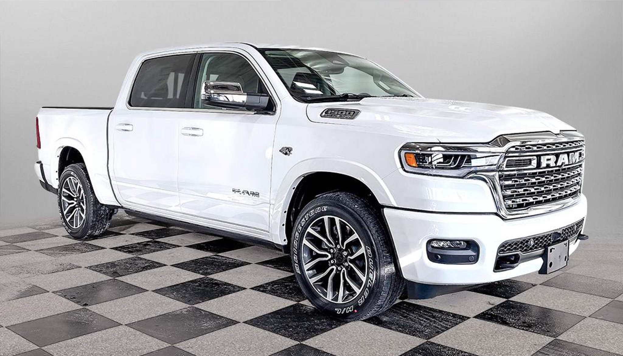 2027 Ram 1500 Limited Longhorn in Ivory Tri-Coat Pearl, studio photo of a Dunn Ram Trucks unit