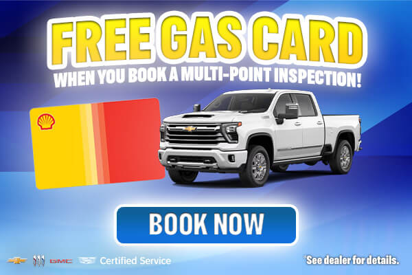 Web banner with an image of a Chervrolet Silverado and text describing a service promotion. In which you will receive free gas card when you book a multipoint inspection.