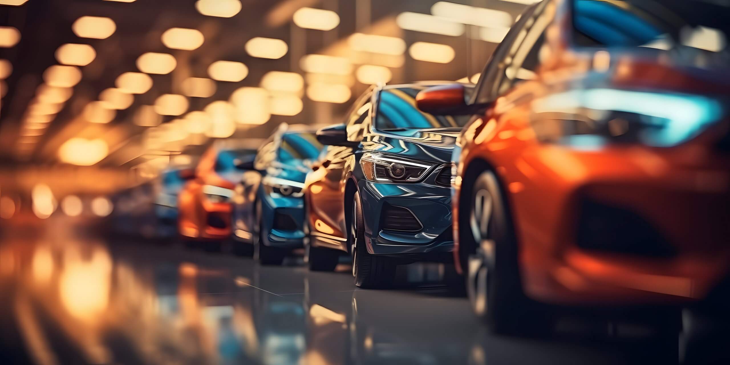 Line of cars in a dealership showroom with an abstract background