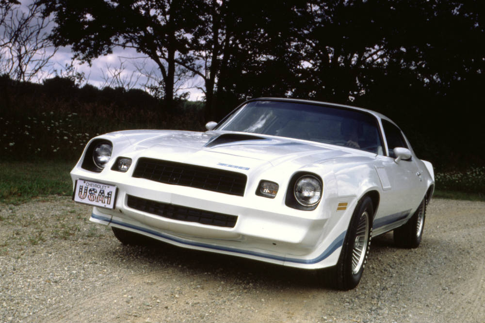 1979 Chevy Camaro Z28 from the front looking bold in white