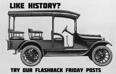 button with an old truck and the caption Like History? Try Our Flashback Friday Posts