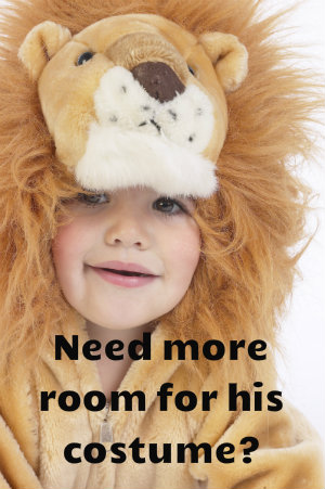 Child in lion outfit with caption Need more room for his costume?