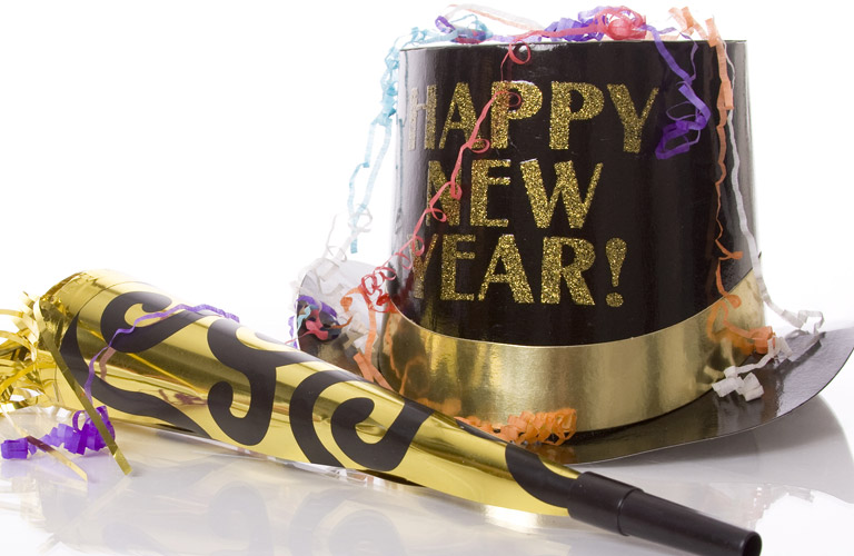 hat and noisemaker, both with gold trim. The hat says Happy New Year!