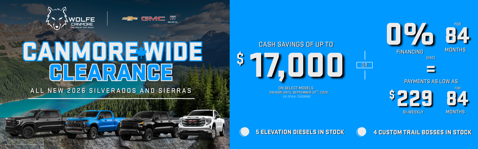 canmore wide clearance savings at Wolfe Canmore. 0% financing and cash savings up to $17,000! New vehicle, new truck, new car. Best deal on a new car. Canmore Alberta, Bow Valley, local dealership