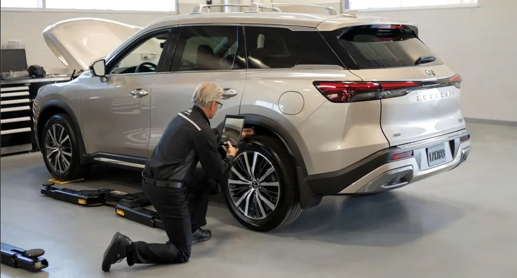 Service Tech examing suv tires