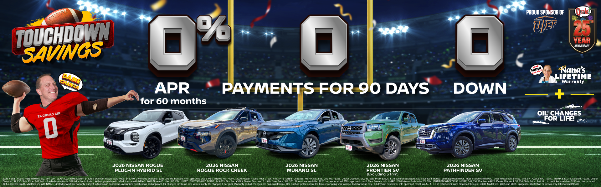 Touchdown Savings at Charlie Clark Nissan El Paso: 0% APR, O Payments for 90 Days & $0 Down on Select, New Nissan Models