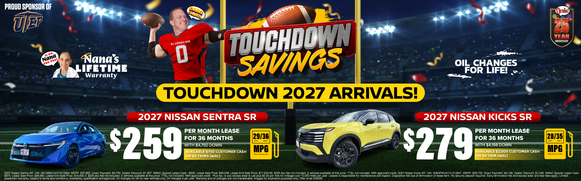 Lease offers available on New Nissan Kicks models and New Nissan Sentra models at Charlie Clark Nissan El Paso