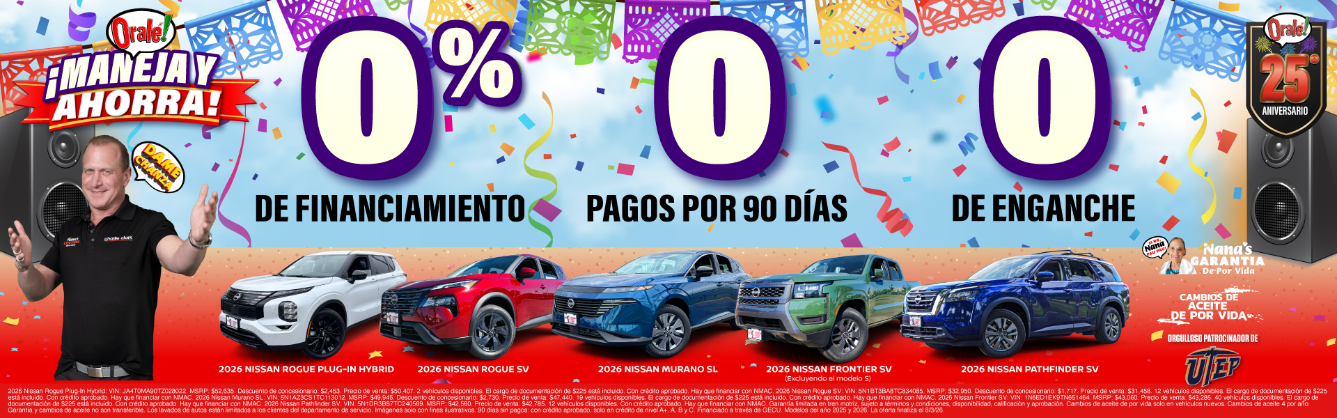 Evento de ventas «Drive Away» de Charlie Clark Nissan El Paso: 0% APR, 0 pagos durante 90 días y $0 de enganche.