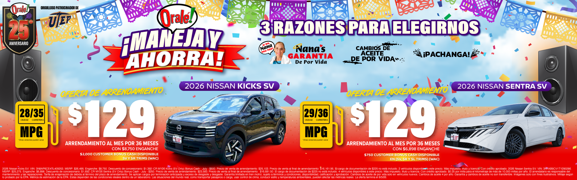 Evento de ventas «Drive Away» de Charlie Clark Nissan El Paso: Ofertas de arrendamiento para el Nissan Kicks 2026 y el Nissan Sentra 2026.