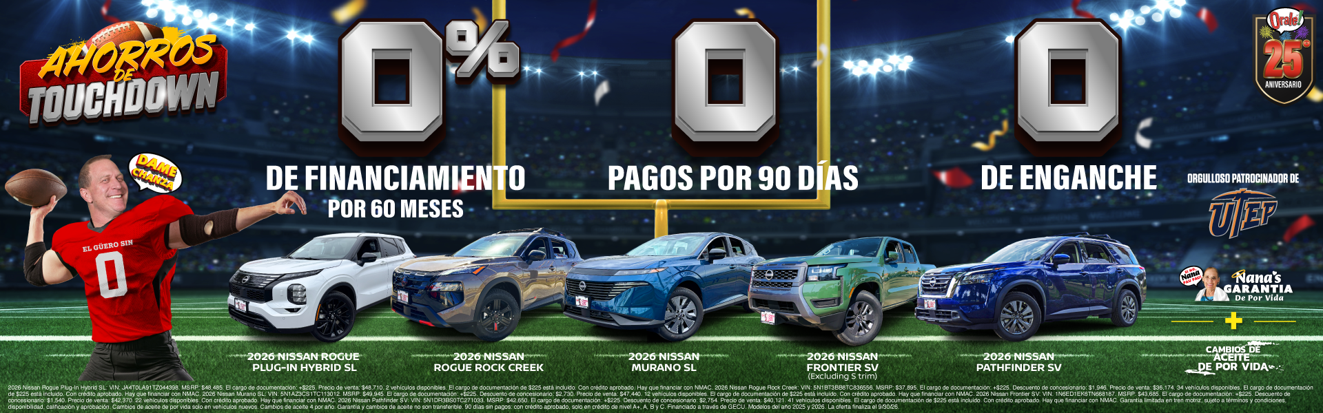 Ahorros de touchdown en Charlie Clark Nissan El Paso: 0% APR, 0 pagos durante 90 días y $0 de enganche en modelos Nissan nuevos seleccionados