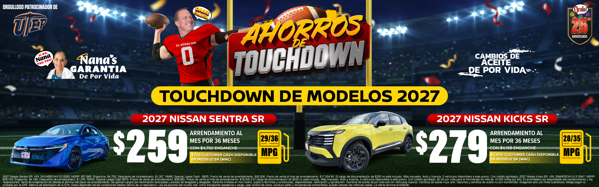 Ofertas de arrendamiento disponibles para los nuevos modelos Nissan Kicks y Nissan Sentra en Charlie Clark Nissan El Paso.