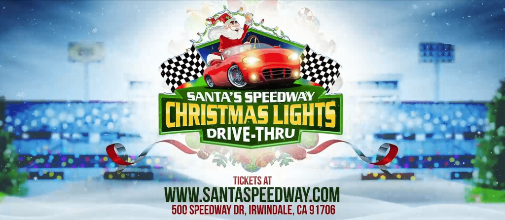 Picture of Santa's Speedway Event including event address. Christmas Holiday Light Show. Safe activities for the holidays