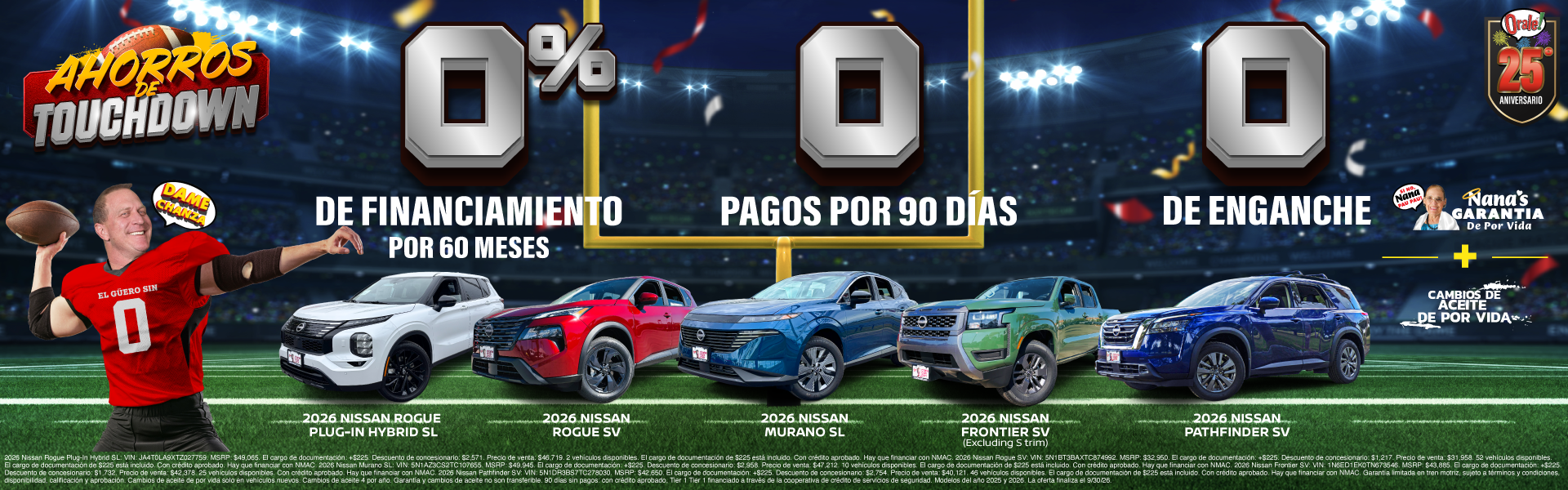 Ahorros de touchdown en Charlie Clark Nissan Harlingen: 0% APR, 0 pagos durante 90 días y $0 de enganche en modelos Nissan nuevos seleccionados