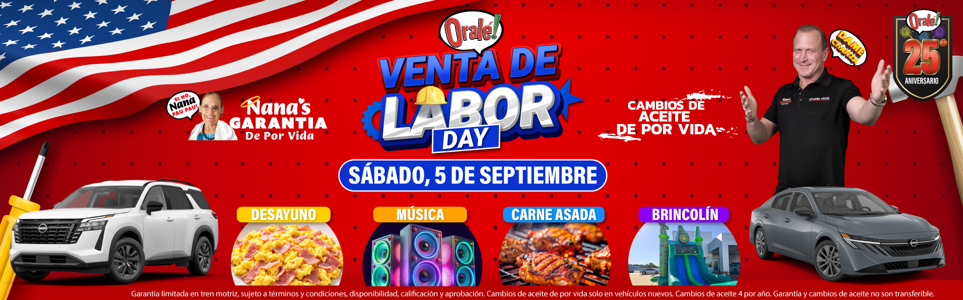 Evento de fin de semana de Charlie Clark Nissan Brownsville: Venta del Día del Trabajo, sábado 5 de septiembre de 2026.