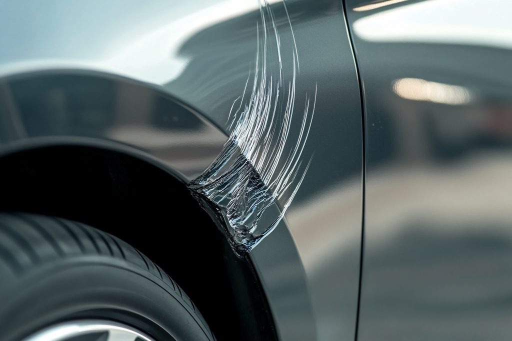 Car with a scratch near the wheel well