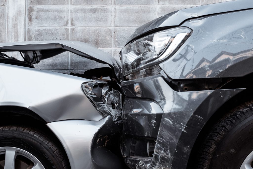 Car accident with bumpers crunched together
