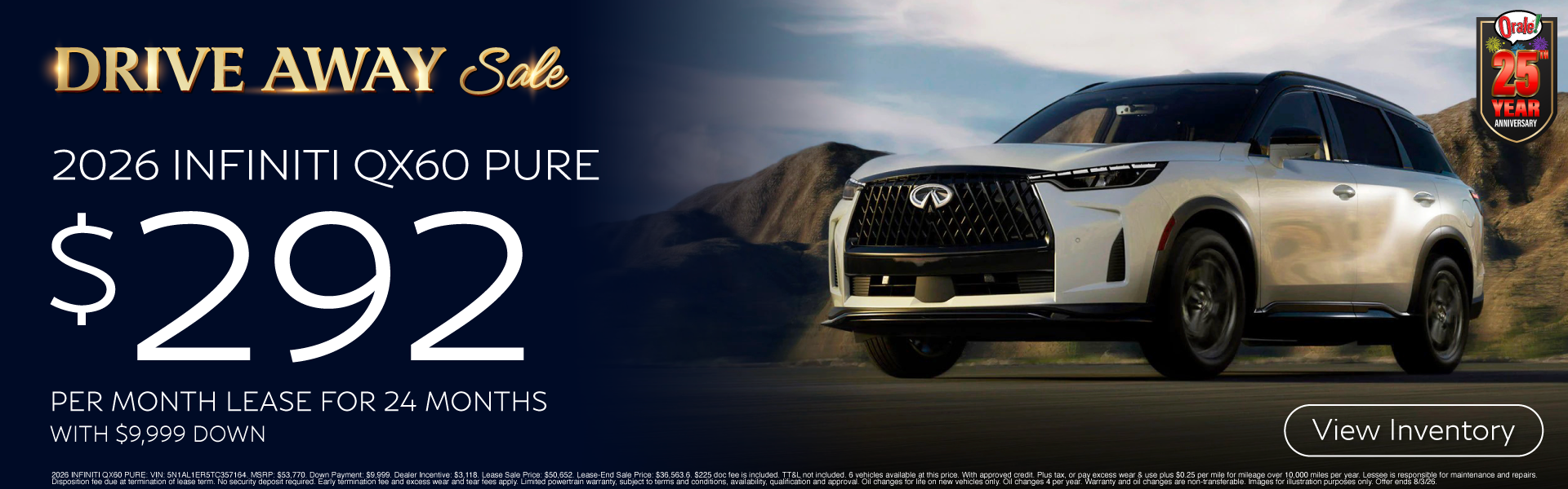 INFINITI Drive Away Sale: 2026 INFINITI QX60 Pure: $292/mo for 24 mos