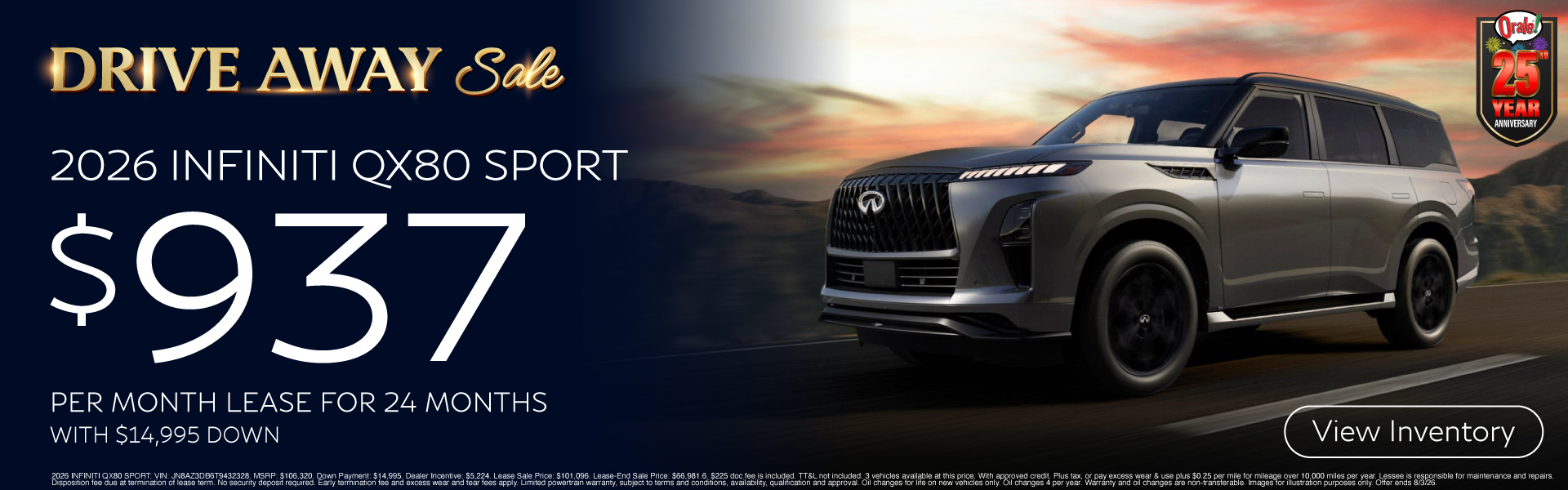 INFINITI Drive Away Sale: 2026 INFINITI QX80 Sport: $937/mo for 24 mos