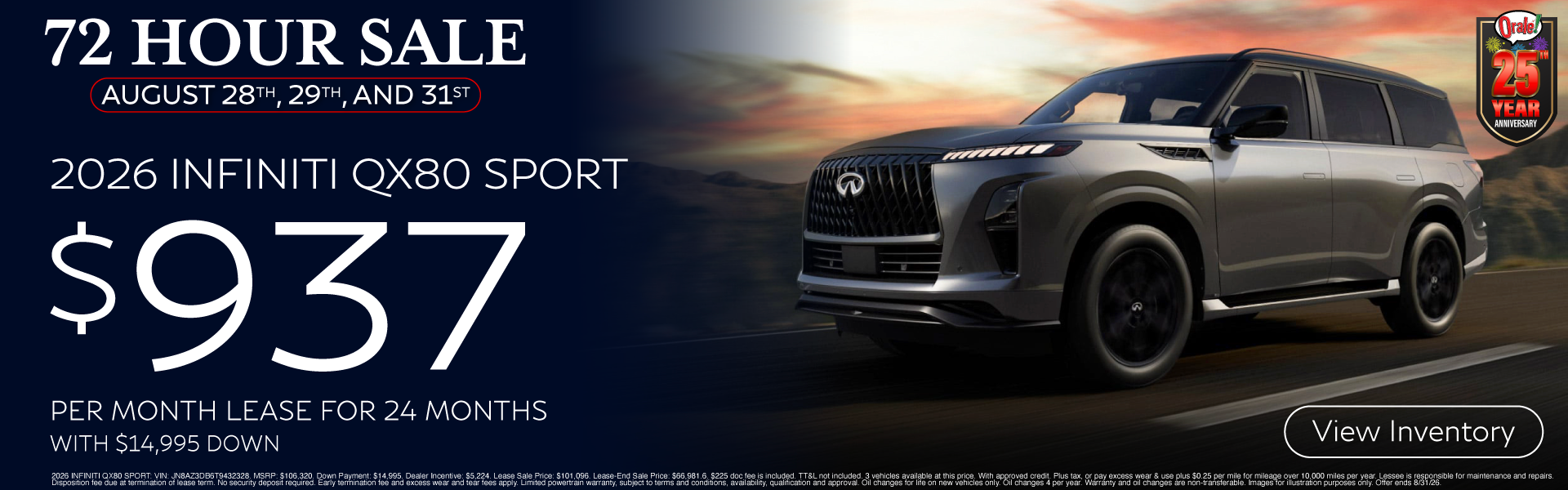 72 hour Sale - 2026 QX80 Lease Offer