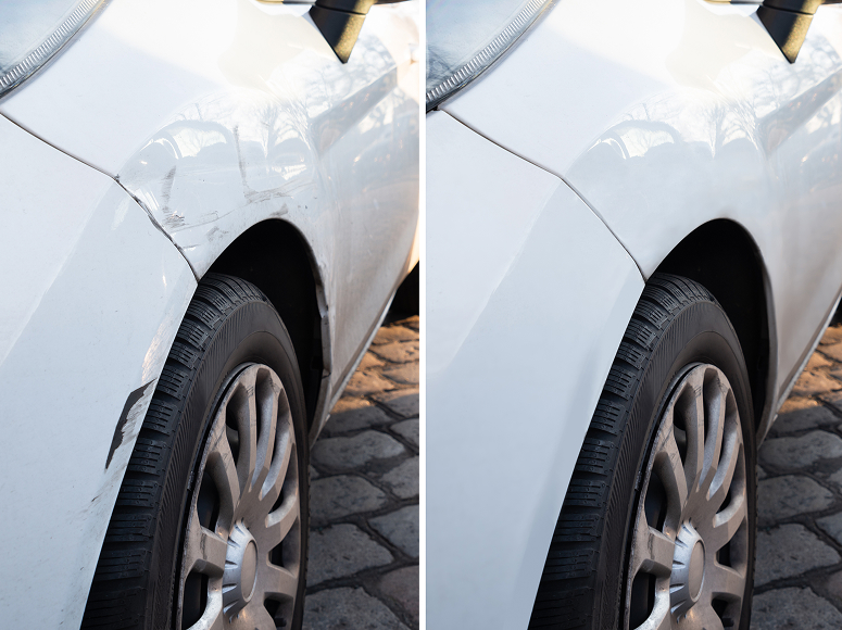 Before and After photo of a white vehicle. Left side dented and right side repaired