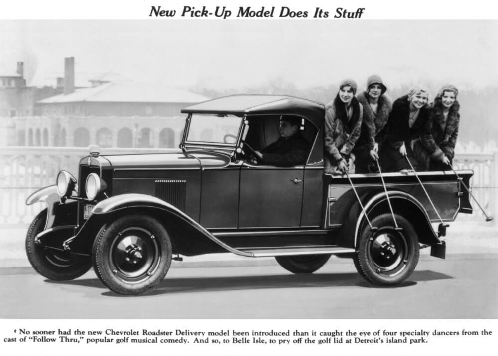 1930 Chevrolet Roadster carrying lady performing golfers