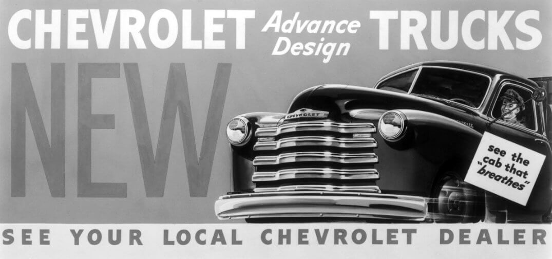 Black and white ad for the Advance Design Chevy truck